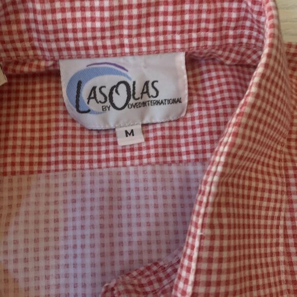 Las Olas Womens Size Medium Embroidered Blouse Red‎ White Checkers Long Sleeve - Picture 2 of 10